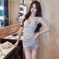 French sexy style irregular tassel skirt dress low-cut slim backless stitching slim hip skirt R3667