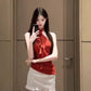 Beautiful outfit set Beautiful red polka dot halter neck vest short skirt two-piece set R0802