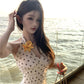 Small v-neck halter neck polka dot long dress with backless herringbone waist R0549