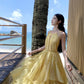 Beautiful yellow sling halter neck dress niche temperament fairy waist long skirt R0739