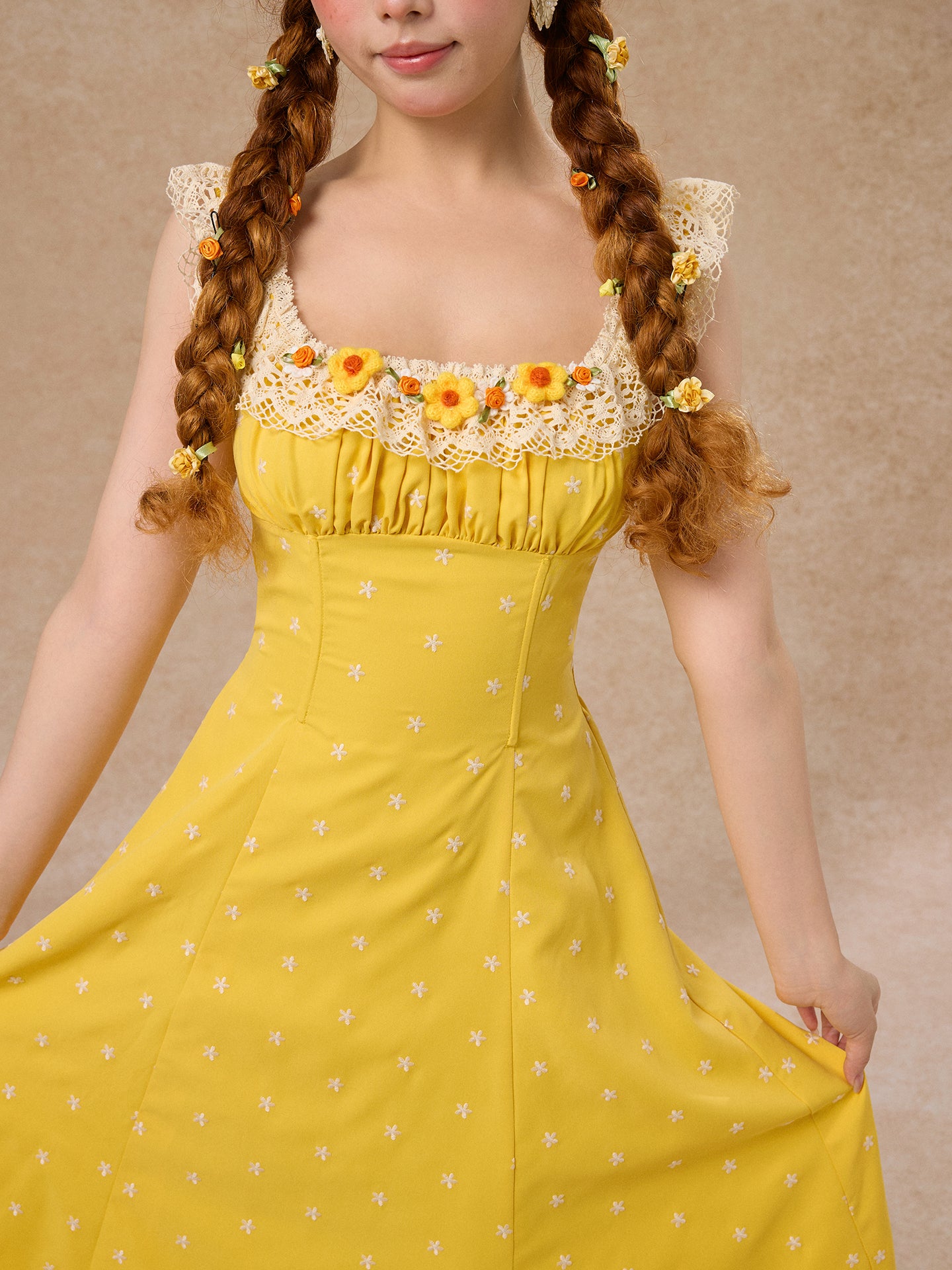 French pastoral style yellow suspender long dress lace girlish dress R5068