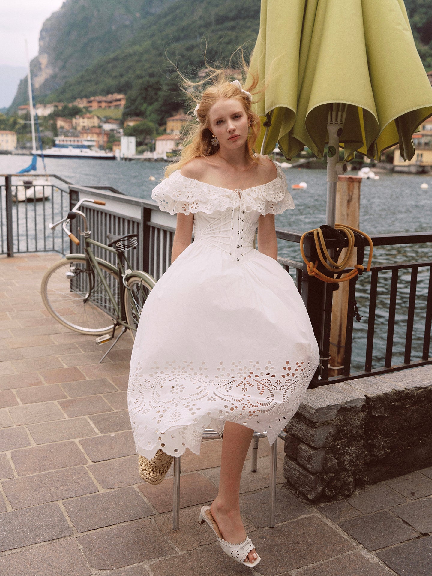 French design fishbone dress pure white hollow one shoulder long dress for women R5074