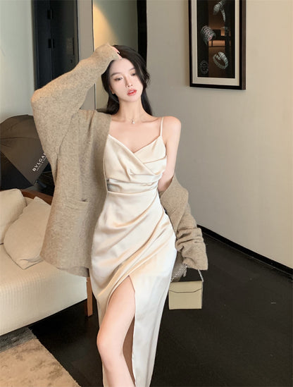 French silk satin sexy slit V-neck dress with suspenders evening dress R1487