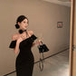 Hepburn style French sexy black one-shoulder dress slim fit temperament hip long skirt R1820
