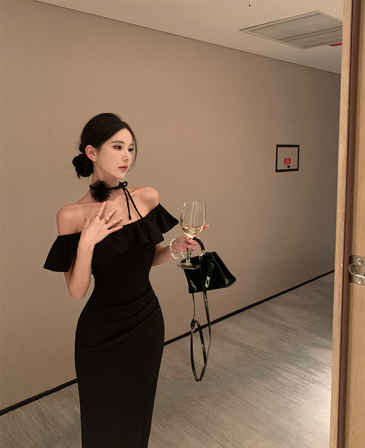 Hepburn style French sexy black one-shoulder dress slim fit temperament hip long skirt R1820
