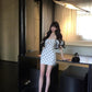 Black and white polka dot one-shoulder dress with elegant waist and slim fit A-line short skirt R0811