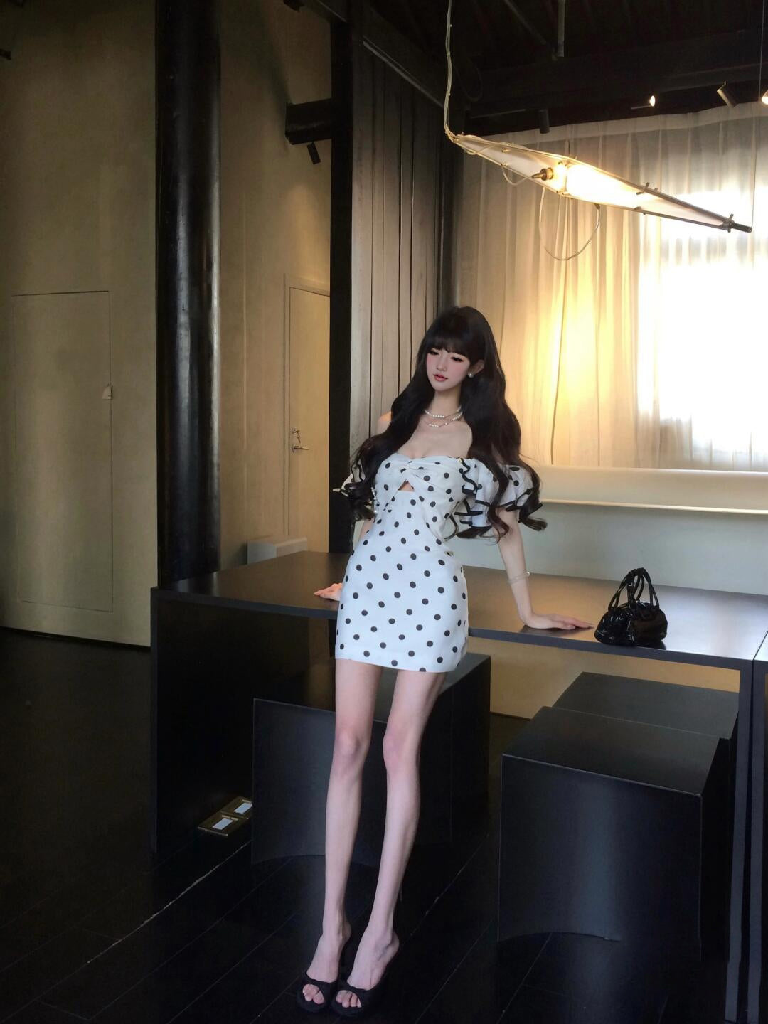 Black and white polka dot one-shoulder dress with elegant waist and slim fit A-line short skirt R0811