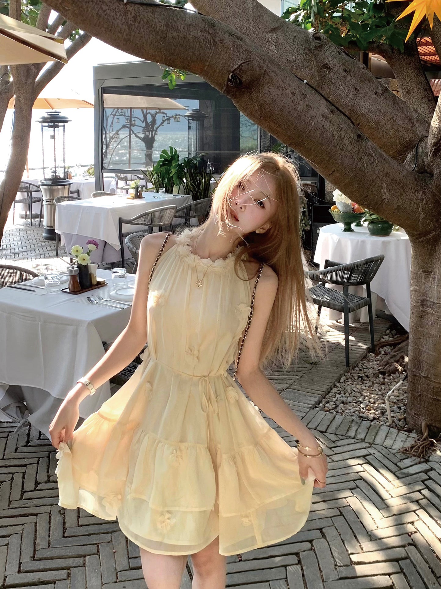 Cream Yellow Halter Neck Dress Summer French Tulle Short Skirt Babydoll Skirt R3833