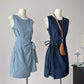 Two-color sleeveless round neck dress for women with waist-length tie skirt R2055