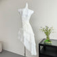 White holiday suspender dress 2025 irregular cake skirt waist long skirt R2058
