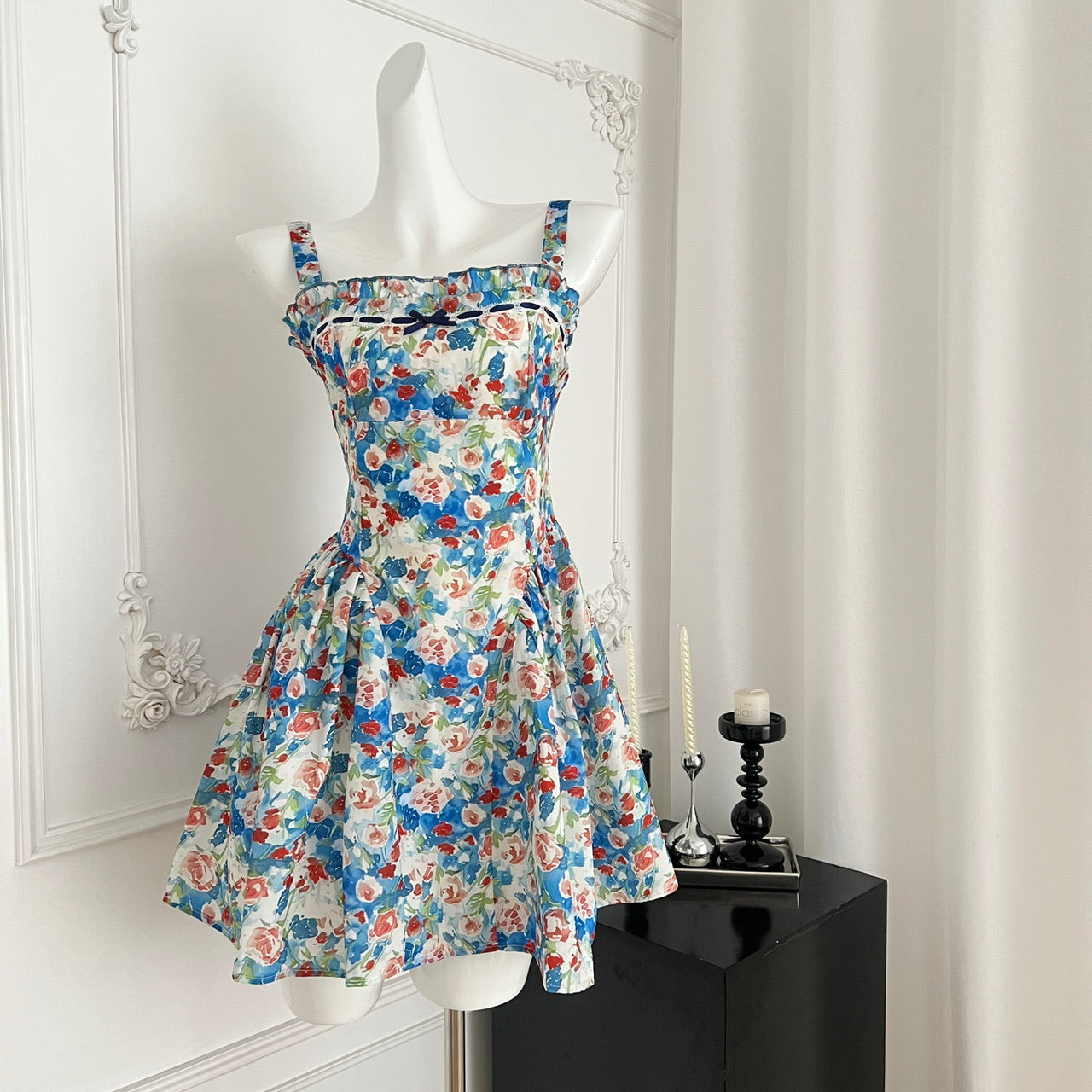 Rose print suspender dress 2025 summer new slim short skirt R2176