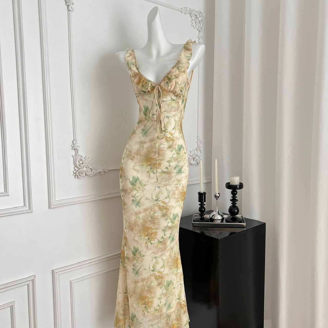 French backless suspender skirt summer waist slim fishtail skirt hip floral long skirt R2185