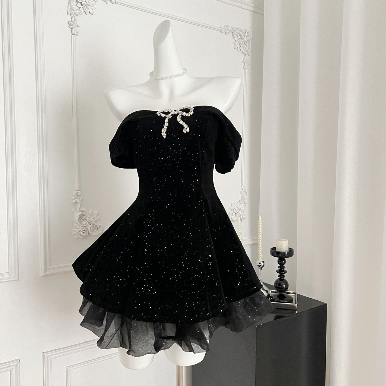 French high-end black velvet elegant dress R2181