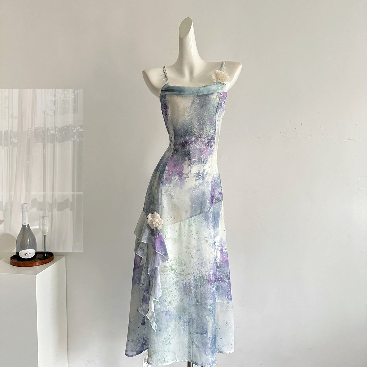 Irregular sling print slim fishtail long skirt R2177