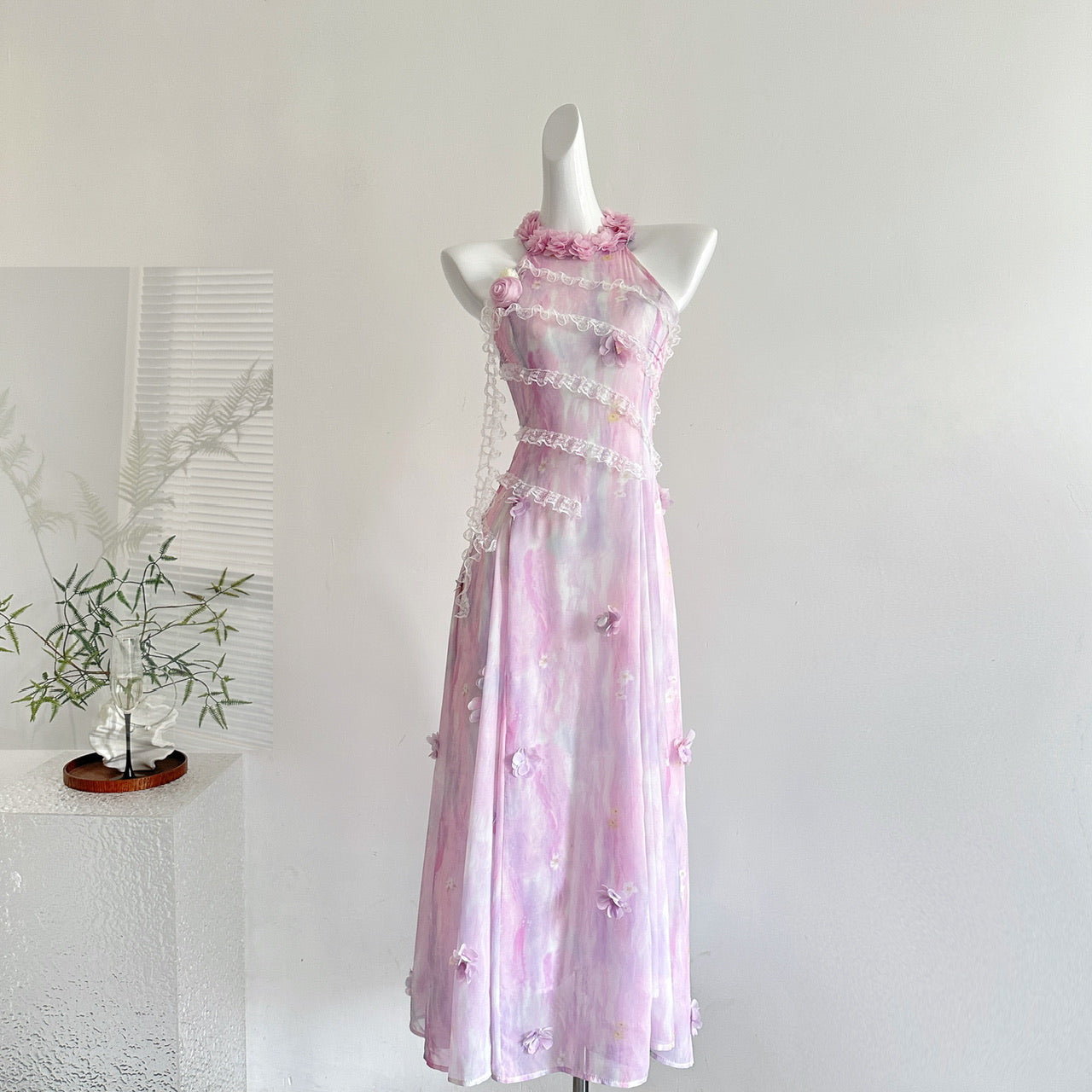 Purple long halter neck dress French retro summer slim fit temperament dress R2175