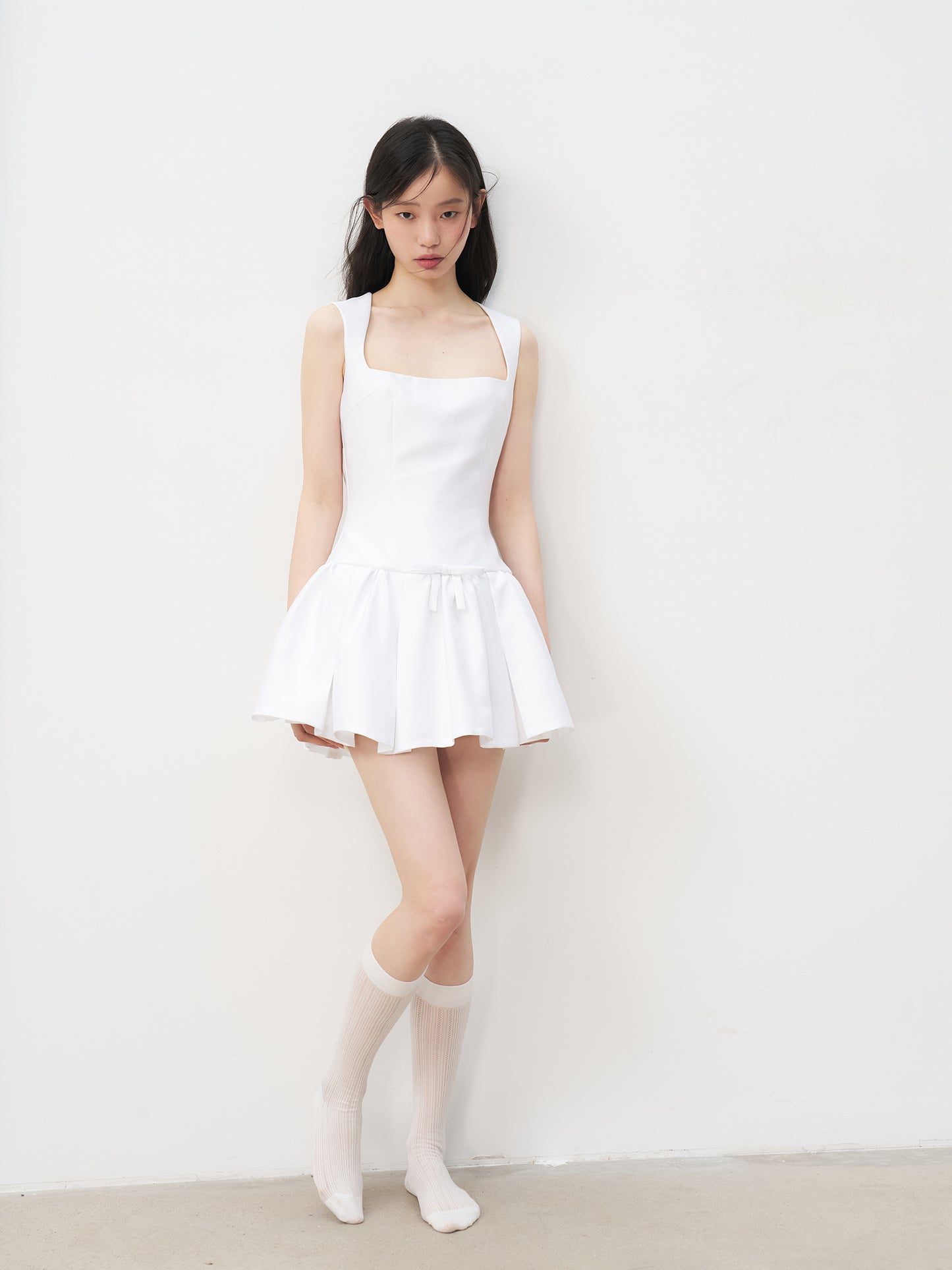 White satin retro princess dress bow waist A-line puffy skirt R5205