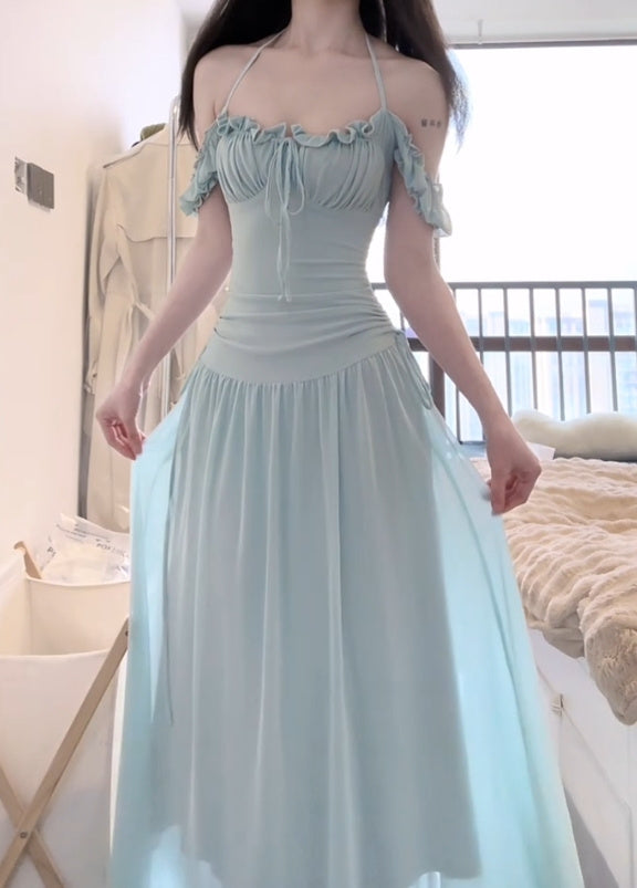 Mint green halter dress with waist and beautiful small skirt R0569