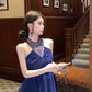 Blue halter dress with rhinestones, slim waist, A-line short dress R0571