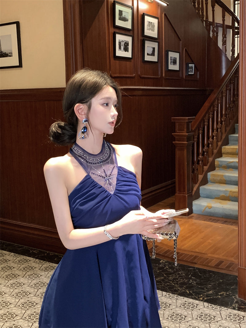 Blue halter dress with rhinestones, slim waist, A-line short dress R0571