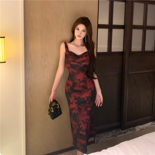 Light and mature retro print suspender dress waist and hip long skirt R0593