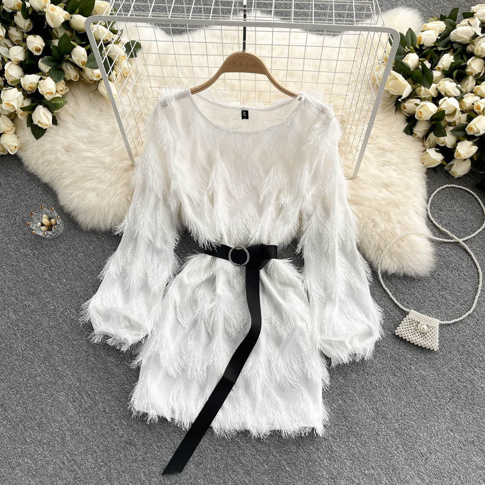 French dress with fur tassel design, small and chic temperament A-line short skirt R2274