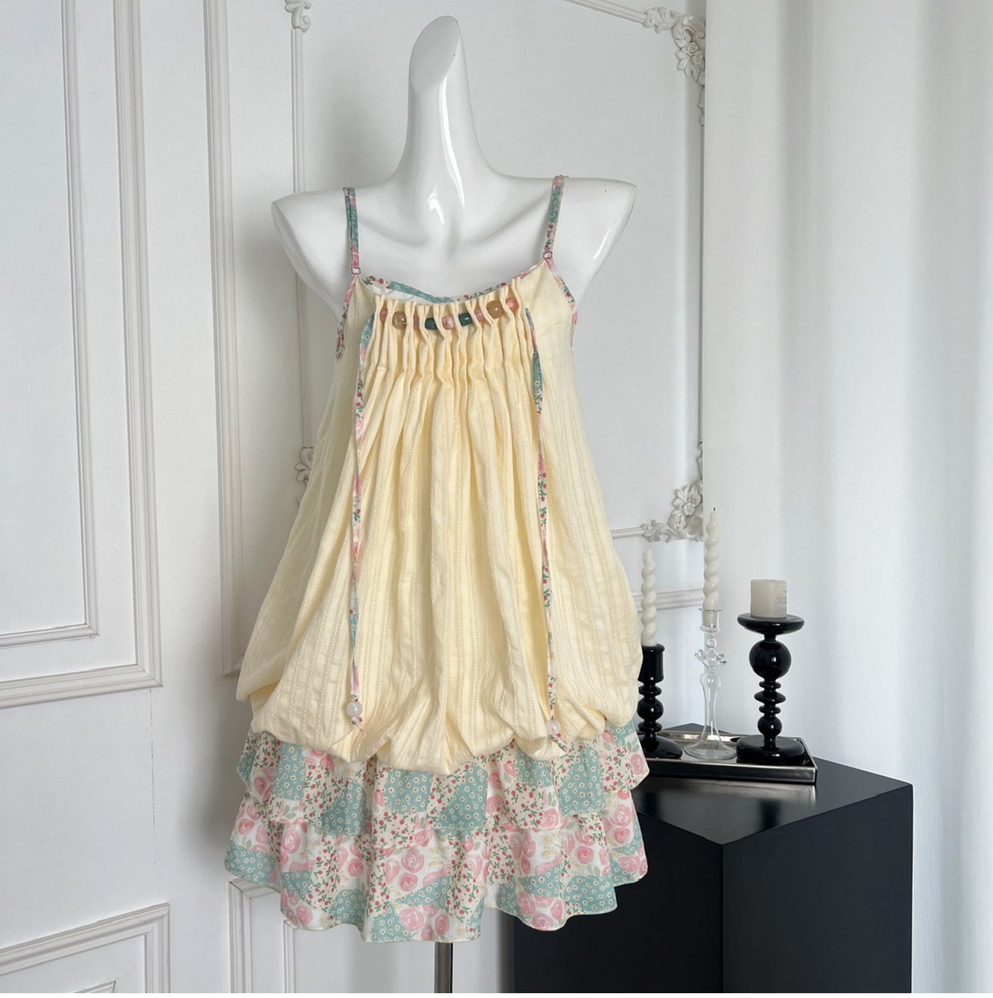 National style pink and green floral stitching pleated sling loose bud dress 2025 new R1987