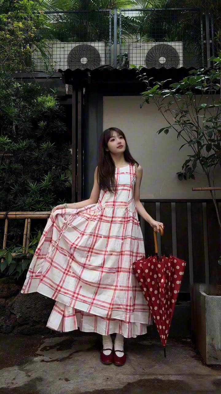 Pink plaid sleeveless dress beautiful age-reducing loose A-line vest dress R0585