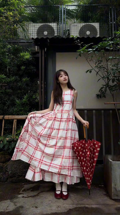 Pink plaid sleeveless dress beautiful age-reducing loose A-line vest dress R0585
