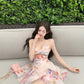 V-neck floral dress with hollow suspenders, beautiful small skirt R0586