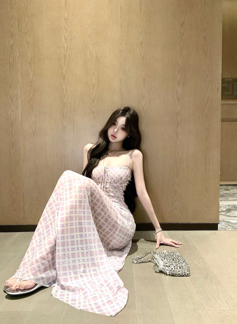 Purple suspender dress beautiful waist a-line beach dress R0587