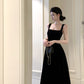 Square neck suspender dress temperament slim Hepburn style evening party black long dress R1484
