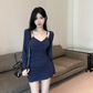 Hot Girl Style Sexy Bottom Slim Pleated Suspender Dress Long Sleeve Cardigan Top Two-piece Set R3789