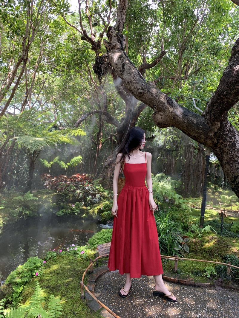 French square neck waist hip dress high waist sleeveless slim suspender dress slit long skirt R1434