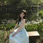 Gentle temperament blue polka dot suspender dress beautiful waist A-line long skirt R0714
