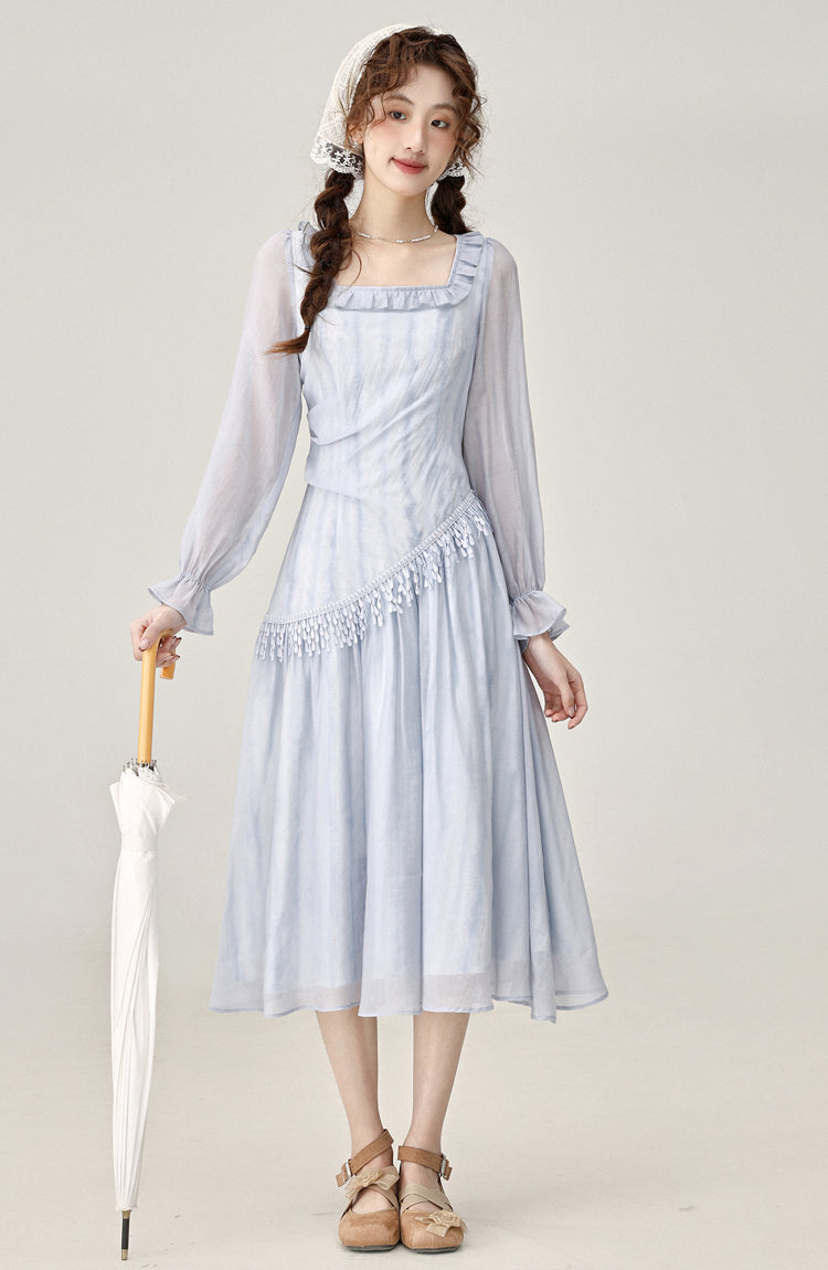 Gentle style irregular blue long-sleeved dress women's beautiful skirt R1978