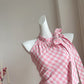 Halter Neck Off Shoulder Pink Plaid Sleeveless Dress Irregular Bow Design Skirt R1979