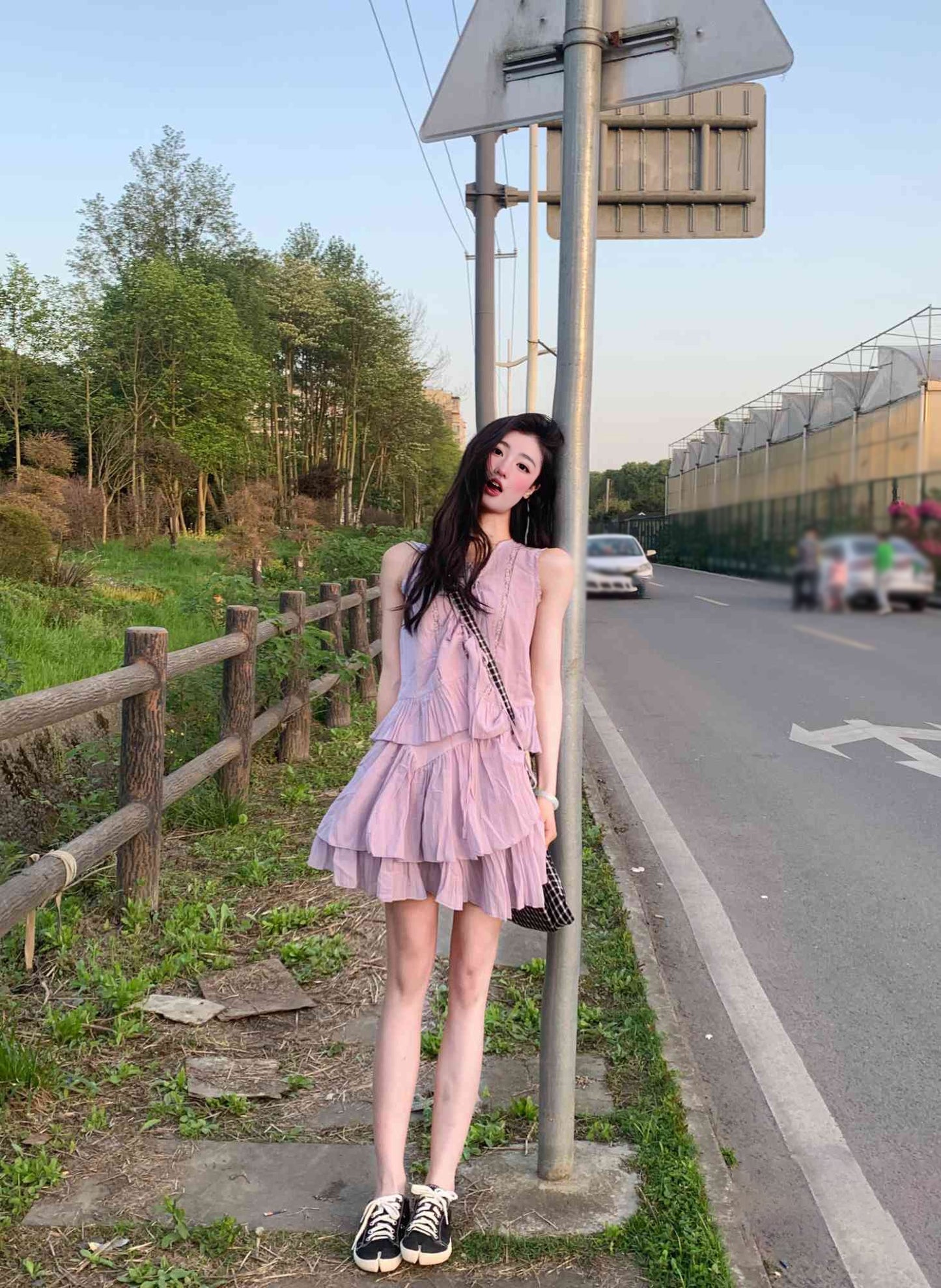 A set of gentle temperament purple sleeveless vest top short skirt two-piece suit R0752