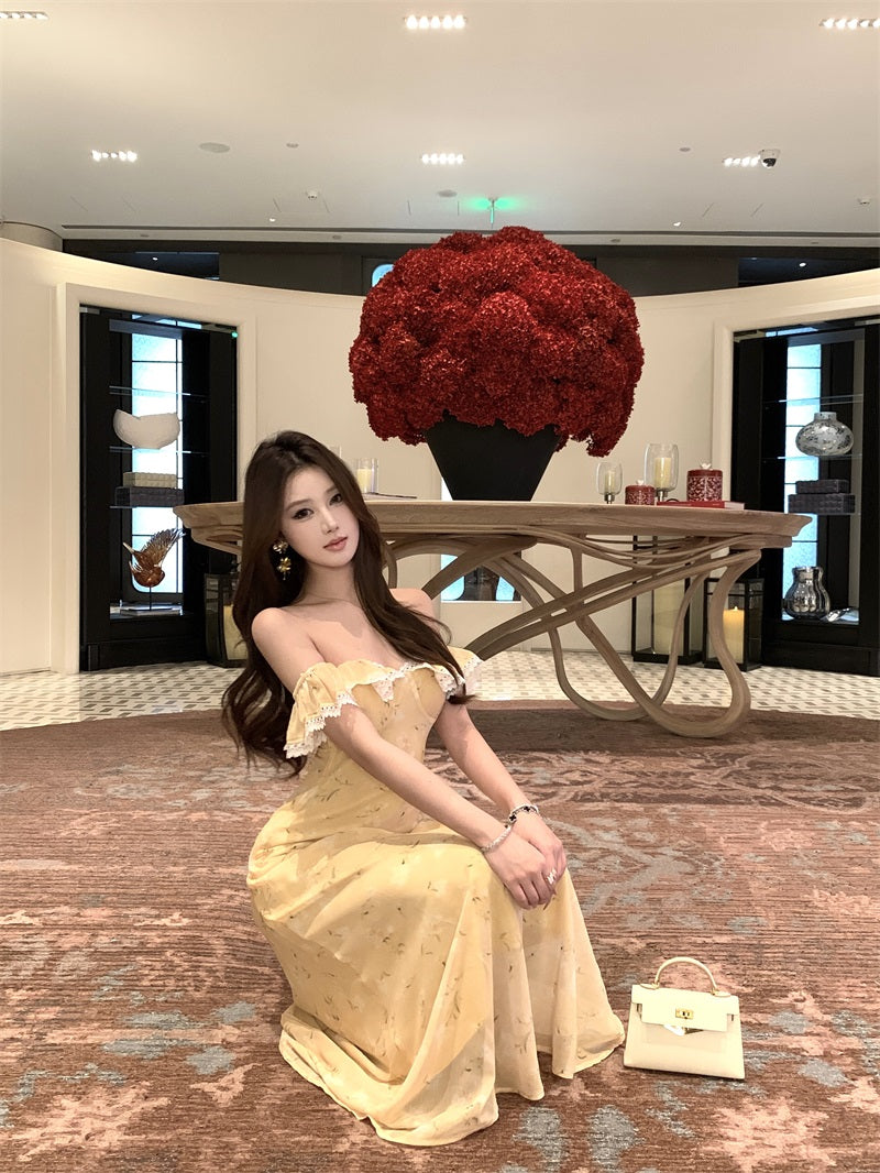Beautiful little skirt gentle style floral yellow long skirt 2025 dress R0890
