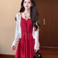 Retro red suspender dress holiday style temperament waist A-line long skirt R0682