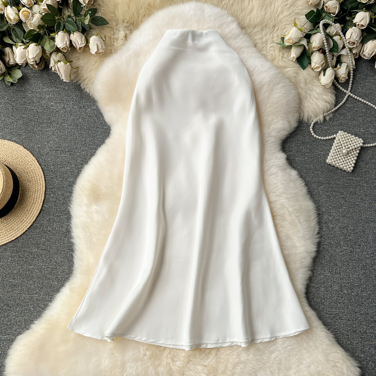 High-end satin skirt, high waist, slimming, medium-length fishtail skirt R2194