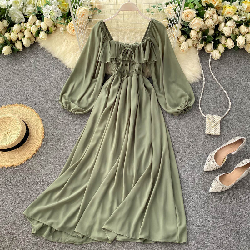 Gentle style dress 2025 new French retro square neck puff sleeve chiffon dress R2212