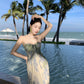 French style beautiful sling dress seaside holiday green print dress beach dress R1564