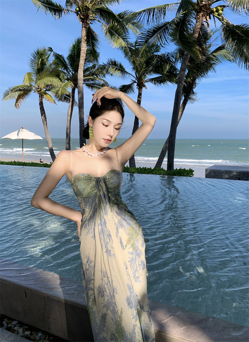 French style beautiful sling dress seaside holiday green print dress beach dress R1564