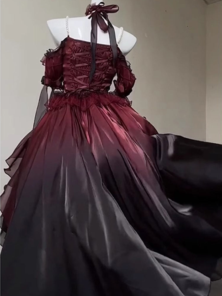 Black and red gradient short front and long back wedding dress lolita dress trailing princess dress R1674