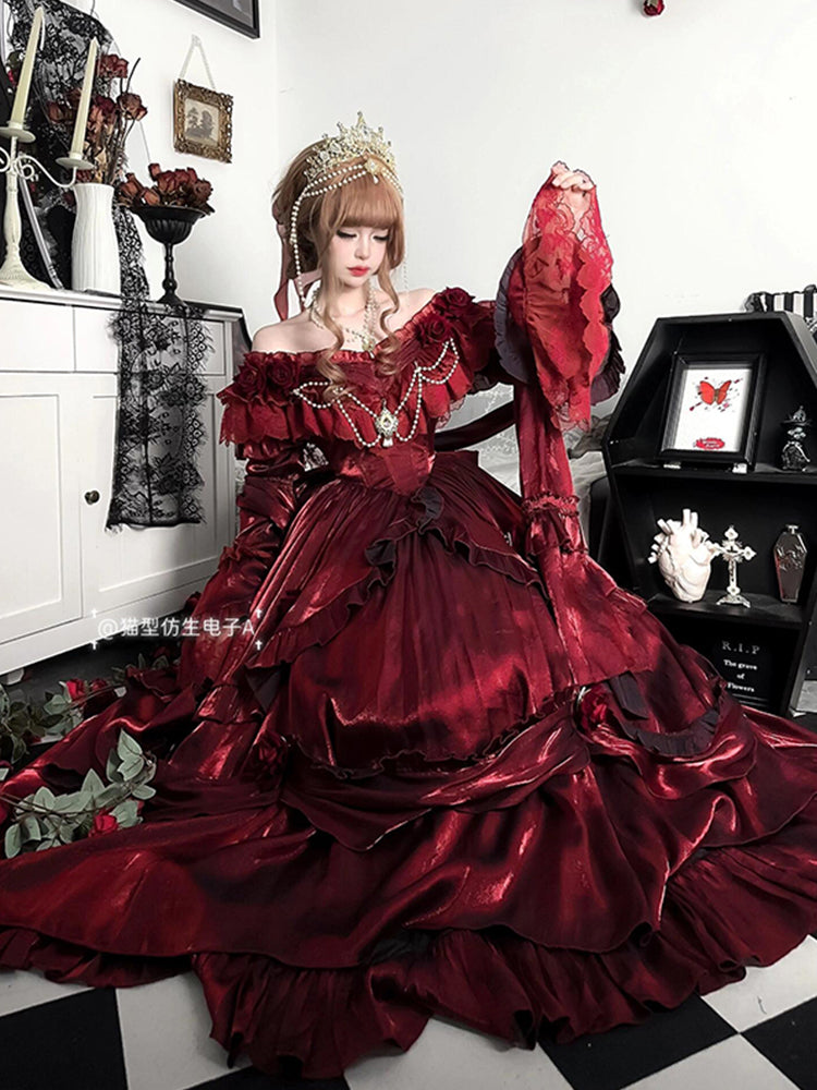 Blood red bride lolita dress dress rose flower heavy puffy princess dress R1676