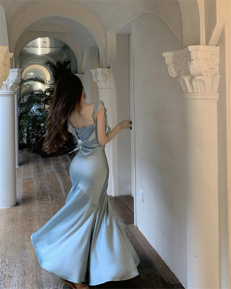 French satin sling collar fishtail suspender dress slim fit temperament dress long skirt R1805