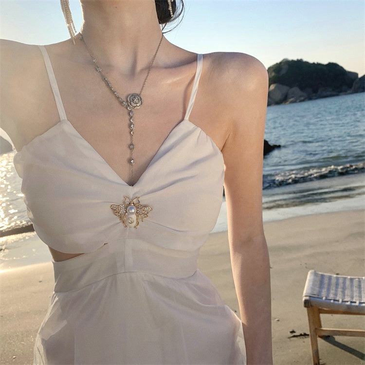 White hollow suspender dress gentle temperament waist backless A-line long skirt R0596