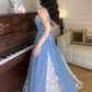 Blue plaid suspender dress beautiful unique waist temperament long skirt new style R0632