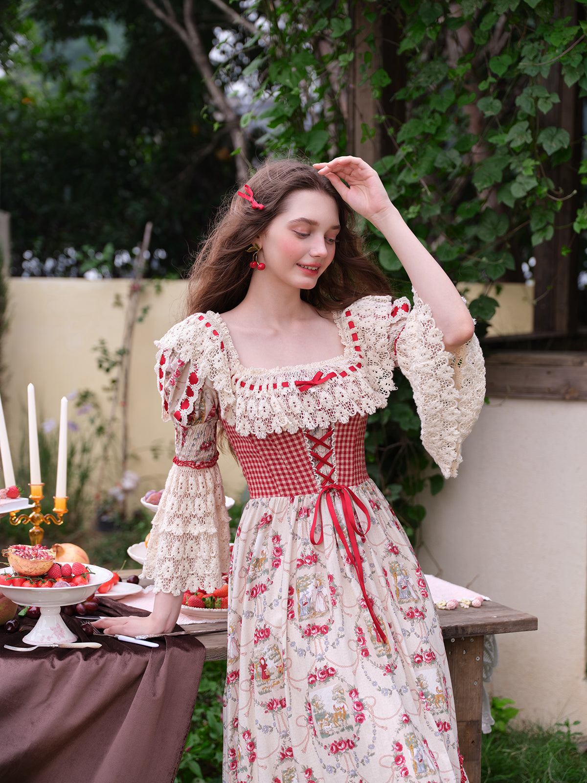 French Pastoral Retro Lace Print Herringbone Long Sleeve Dress Homecoming Dress R5165