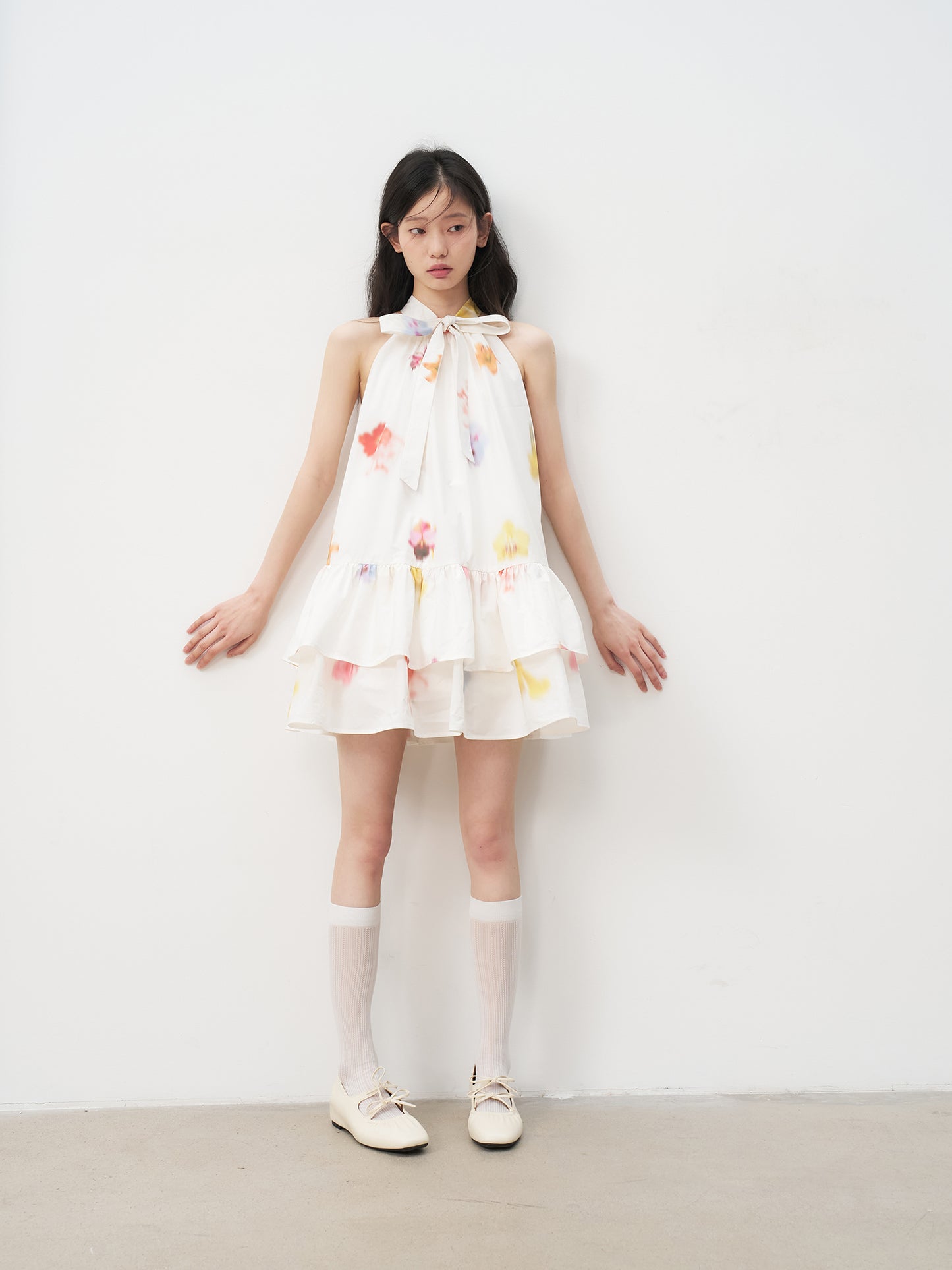 Sleeveless Floral Bow Tie Halter Dress with Ruffled Hem Tutu Skirt R5169